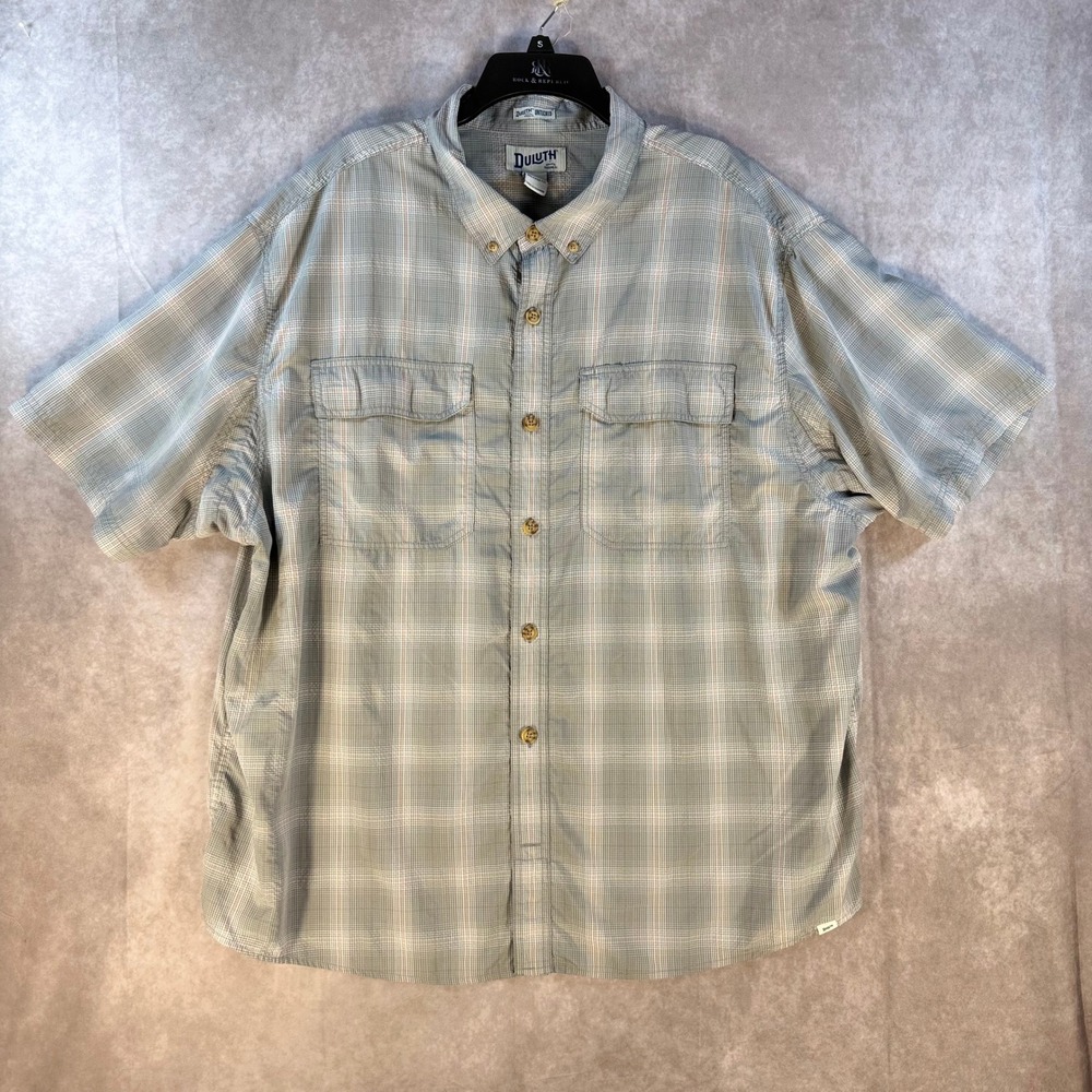 Duluth Trading Co Shirt Mens 2XL Grey Plaid Untucked Relaxed Fit Short Sleeve